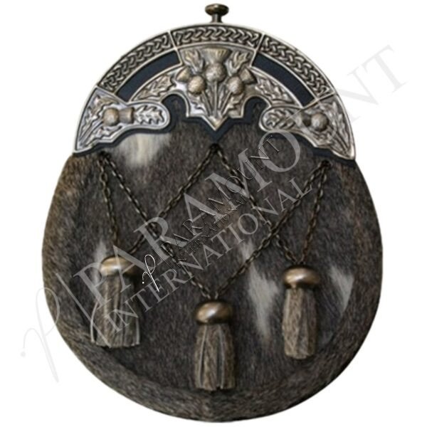 Dark Brown & White Seal Skin Full Dress Sporran with Thistle Cantle and Three Tassel - 02