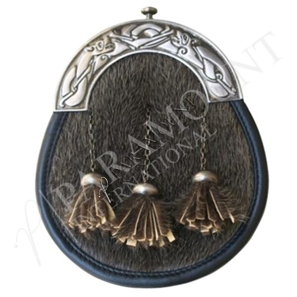 Dark Brown Seal Skin Full Dress Sporran with Celtic Knot Cantle and Three Tassel - 04