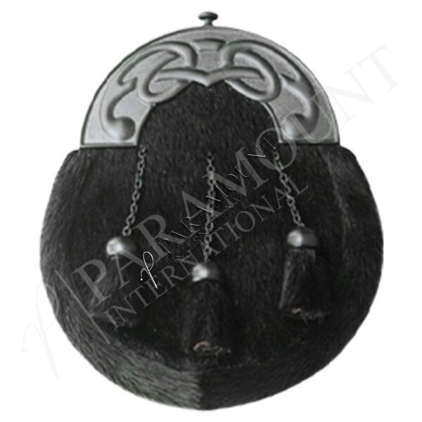 Dark Grey Seal Skin Full Dress Sporran with Celtic Cantle and Three Tassel - 05
