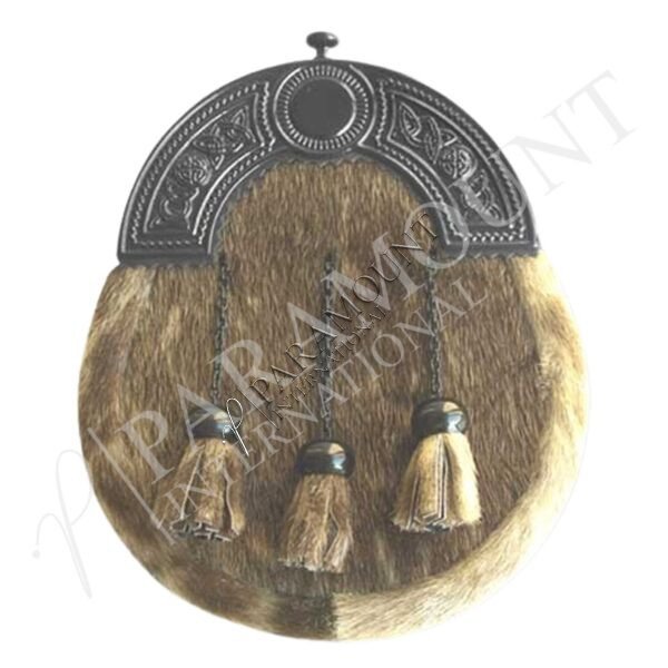 Brown Seal Skin Full Dress Sporran with Circular Celtic Cantle and Three Tassel - 06