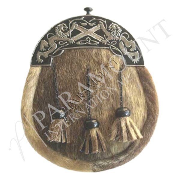 Brown Seal Skin Full Dress Sporran with Lion Rampant Cantle and Three Tassel - 07