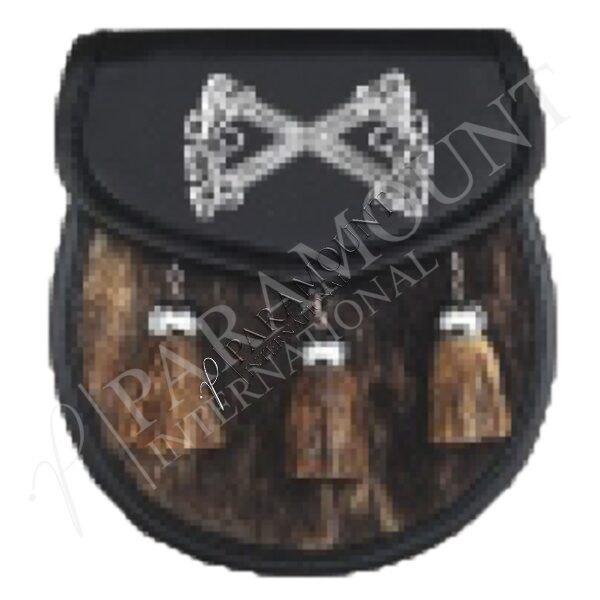 Black & Brown Seal Skin Semi Dress Sporran with Chrome Lion Rampant Badge & Three Tassls - 01