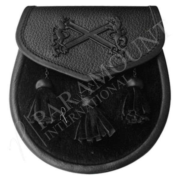 Black Seal Skin Semi Dress Sporran with Lion Rampant Badge & Three Tassls - 02