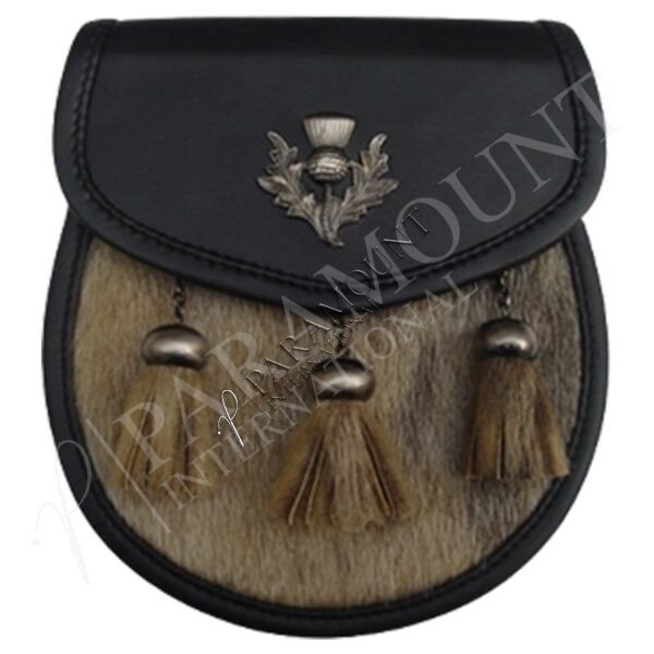 Brown Seal Skin Semi Dress Sporran with Antique Thistle Badge & Three Tassls - 03