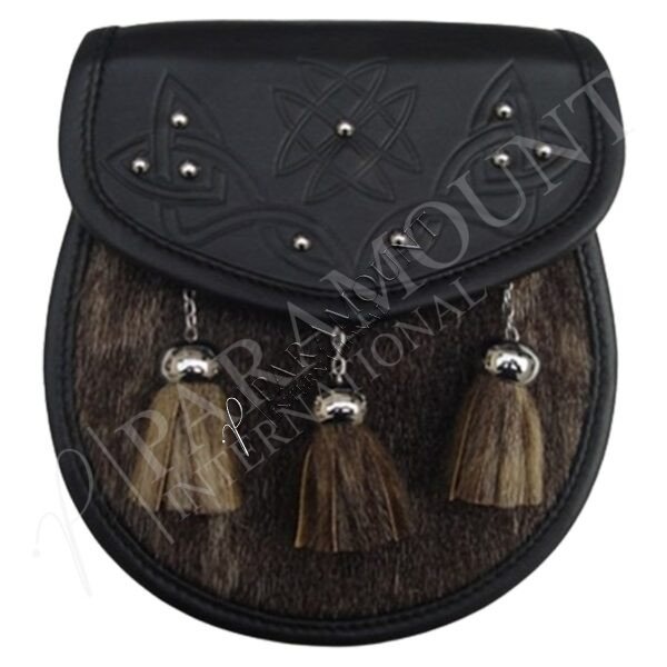 Brown & Black Seal Skin Semi Dress Sporran with Studded Flap & Three Tassels - 04