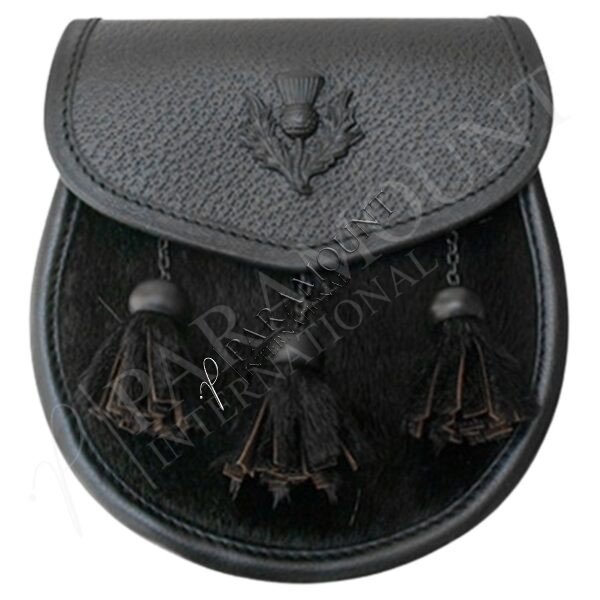 Black Leather Seal Skin Semi Dress Sporran with Lion Rampant Badge & Three Tassels - 05