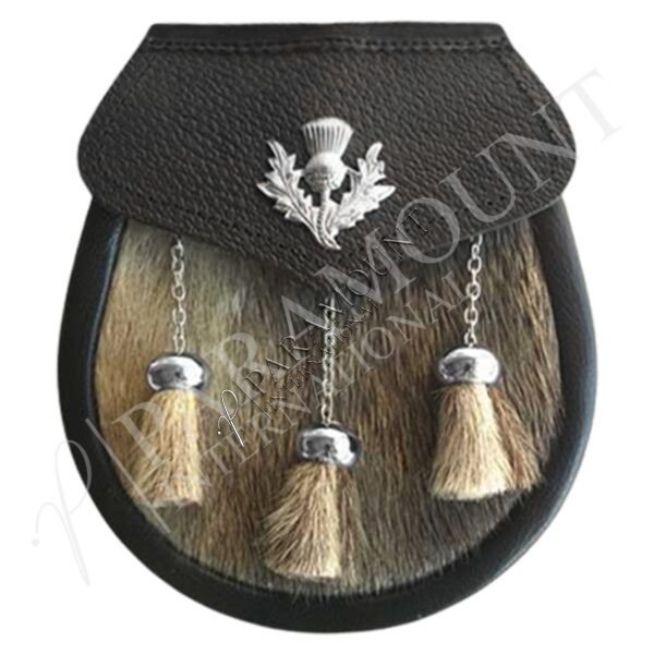 Black & Brown Seal Skin Semi Dress Sporran with Chrome Thistle Badge & Three Tassels - 06