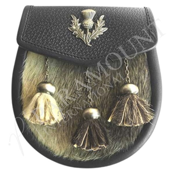 Brown & Black Seal Skin Semi Dress Sporran with ChromeThistle Badge & Three Tassels - 07