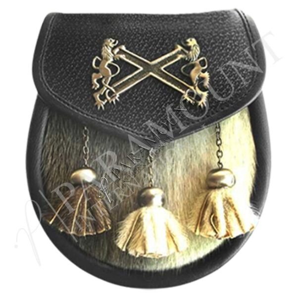 Black & Brown Seal Skin Semi Dress Sporran with Antique Lion Rampant Badge & Three Tassels - 08