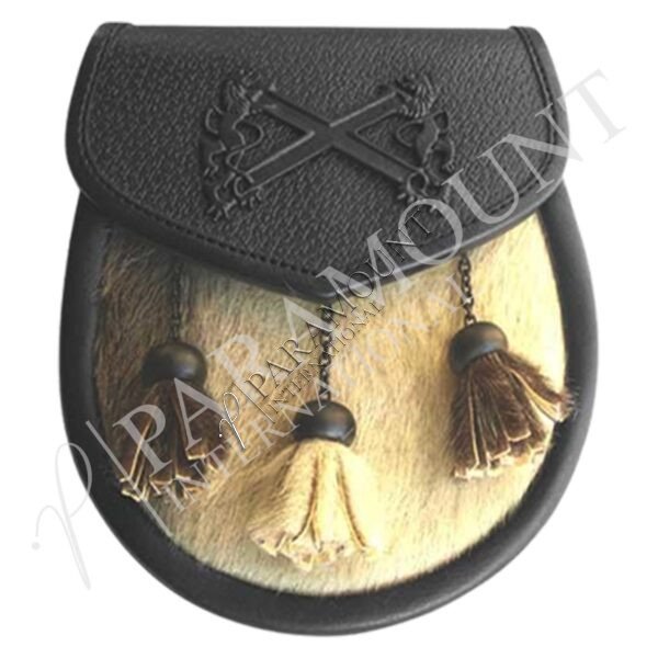 Black & White Seal Skin Semi Dress Sporran with Lion Rampant Badge & Three Tassels - 09