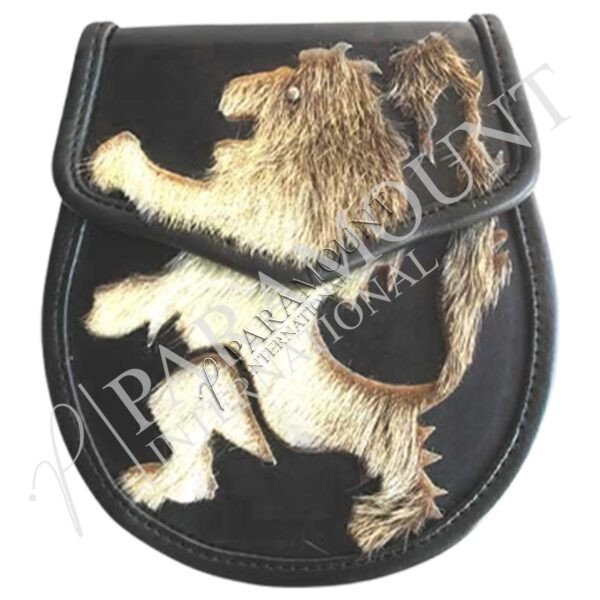 Black Leather Semi Dress Sporran with Lion Rampant Design - 10