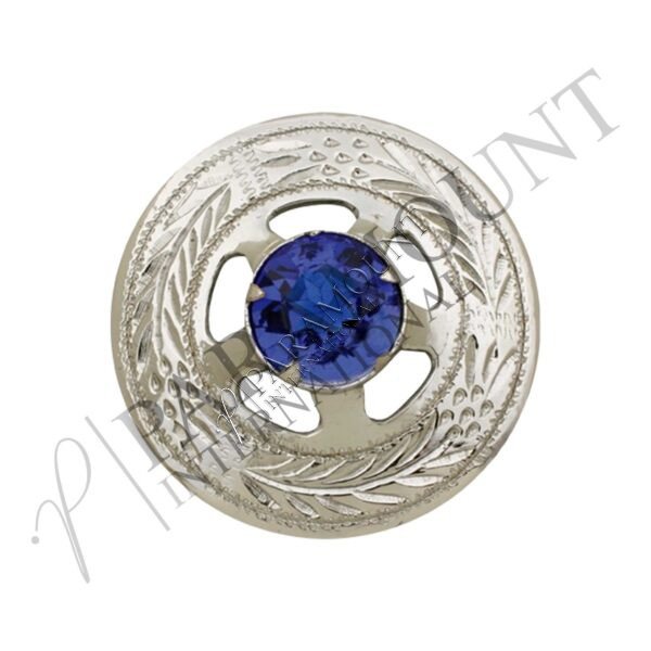 Plaid Brooch | Thistle Engraved Chrome with Blue Stone